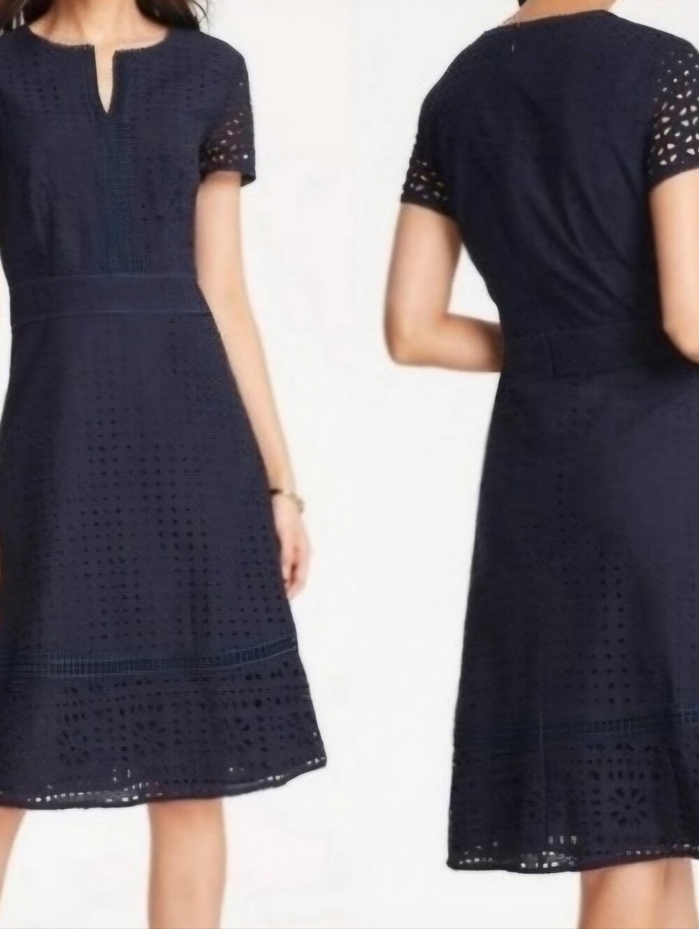 Ann Taylor Mixed Eyelet Flare Dress Cutout Details 0 Navy Wedding Work Event - Picture 6 of 14
